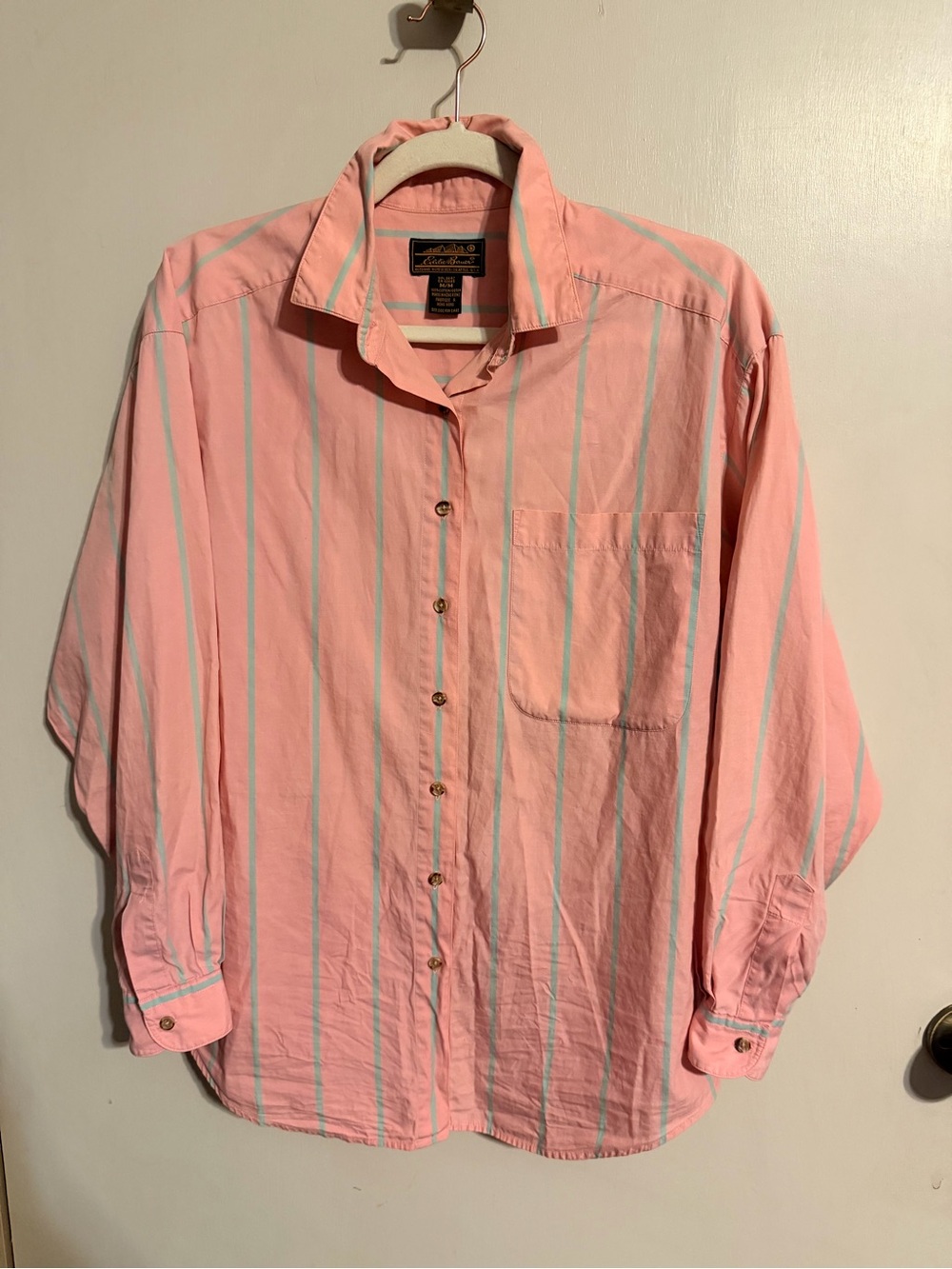 Vintage Eddie Bauer Pink Teal Striped Button Down Shirt Medium 100% Cotton - Picture 2 of 9